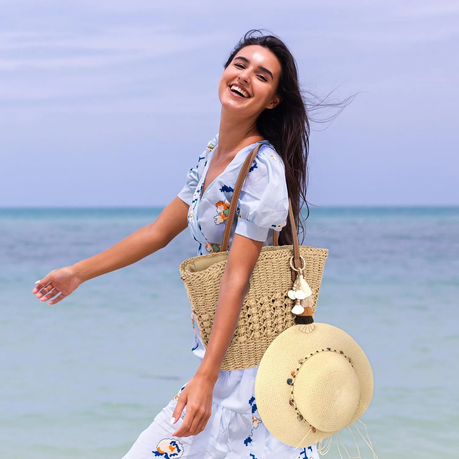 Straw Handbags with Tassel Hat Clip for Travel, Handmade Summer Raffia Totes, Hobo Shoulder Bag Purse for Women