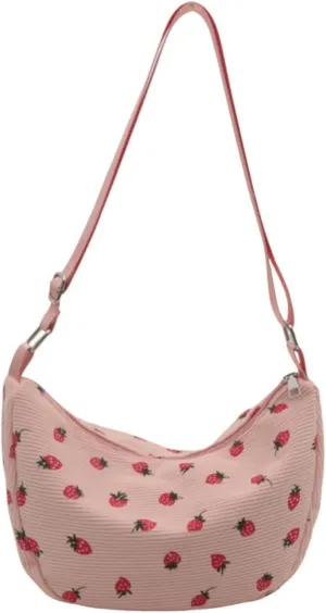 Strawberry Shoulder Bag for Women Cute Corduroy Purse Handbag with Adjustable Strap and Zipper Closure