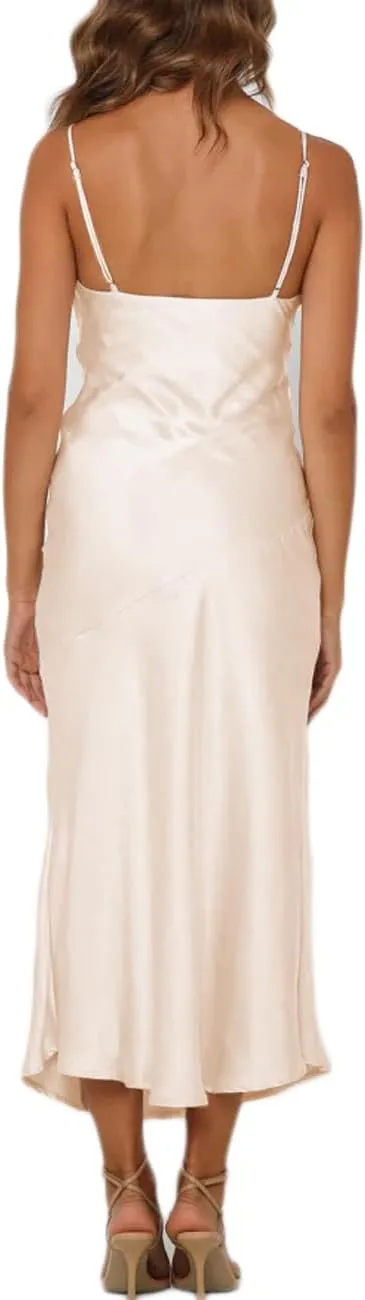Summer Satin V Neck Silp Midi Dress for Women Wedding Guest 2025 Sexy Spaghetti Strap Backless Long Dresses with Slit