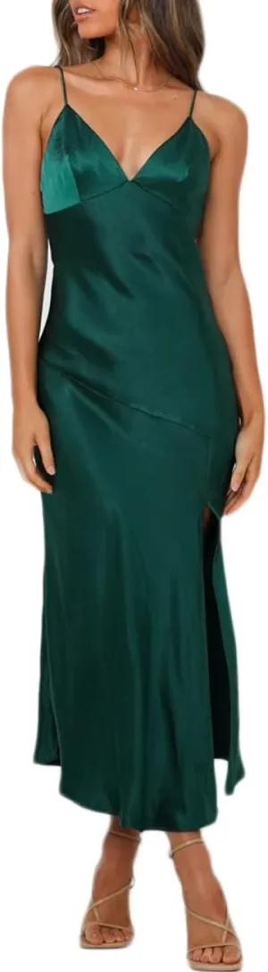 Summer Satin V Neck Silp Midi Dress for Women Wedding Guest 2025 Sexy Spaghetti Strap Backless Long Dresses with Slit