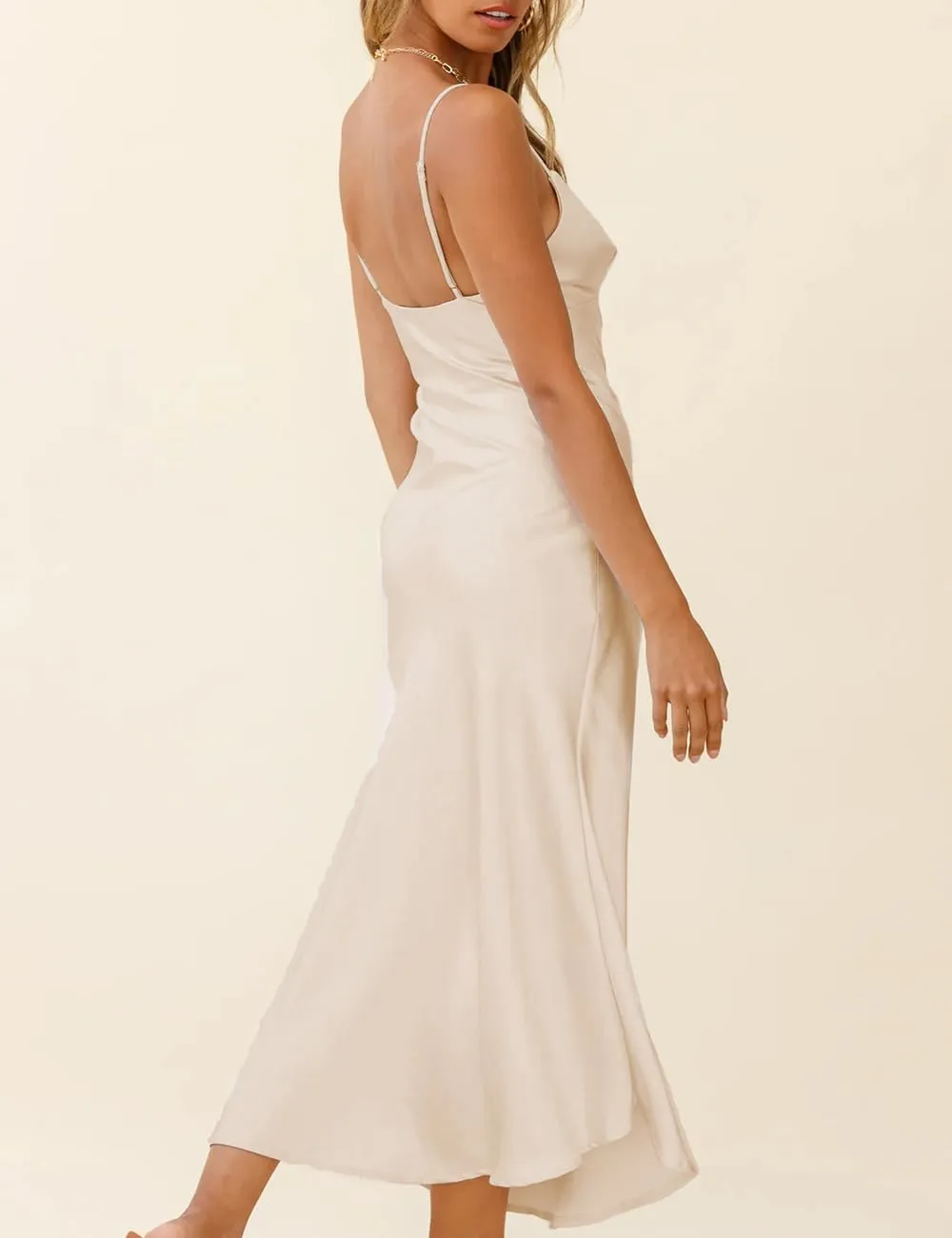 Summer Satin V Neck Silp Midi Dress for Women Wedding Guest 2025 Sexy Spaghetti Strap Backless Long Dresses with Slit