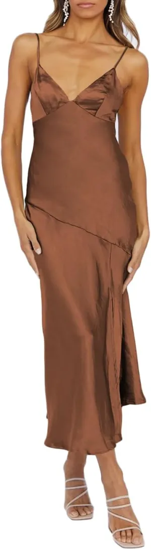 Summer Satin V Neck Silp Midi Dress for Women Wedding Guest 2025 Sexy Spaghetti Strap Backless Long Dresses with Slit