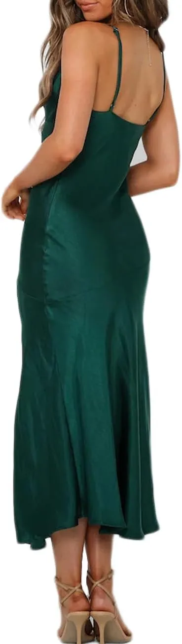 Summer Satin V Neck Silp Midi Dress for Women Wedding Guest 2025 Sexy Spaghetti Strap Backless Long Dresses with Slit