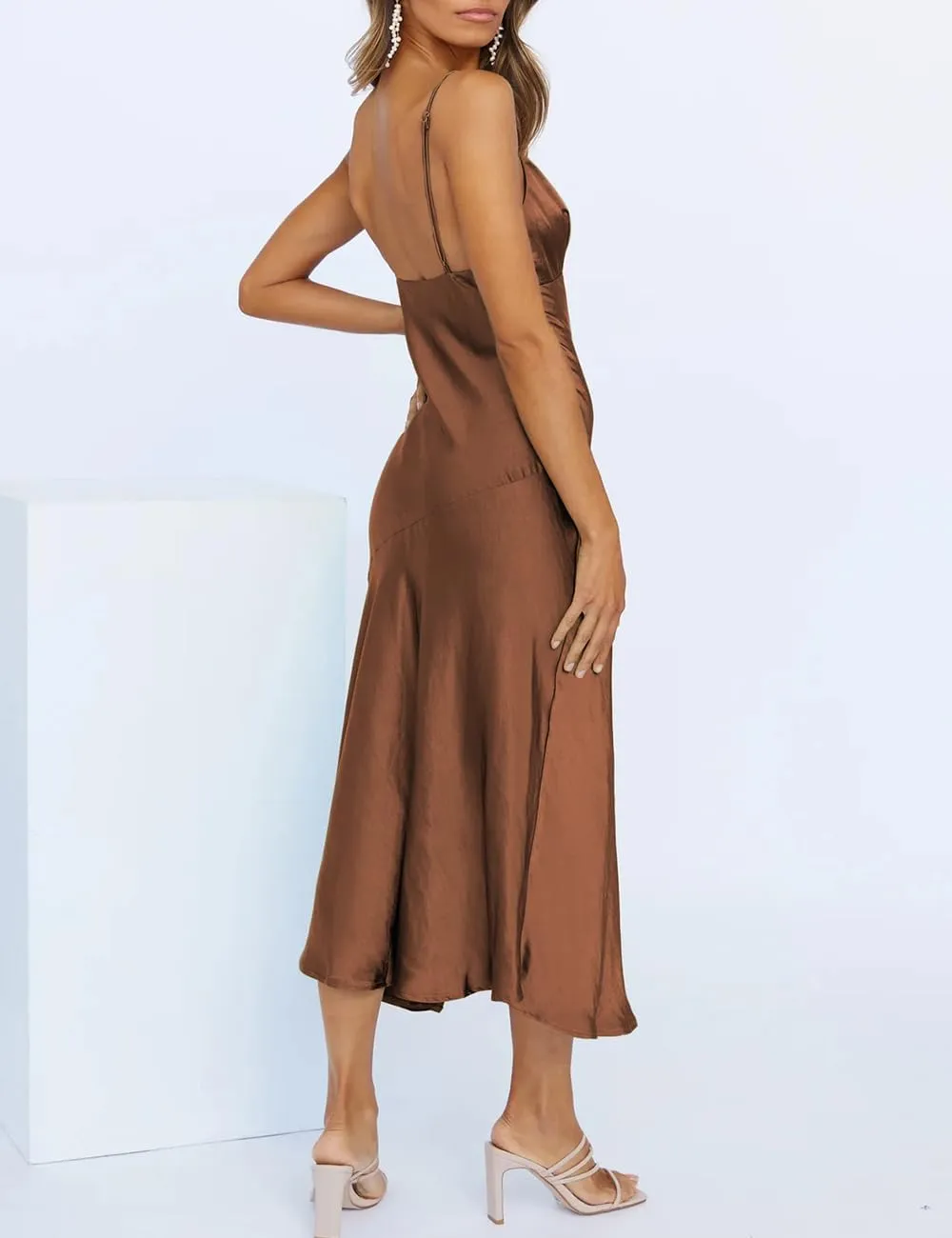 Summer Satin V Neck Silp Midi Dress for Women Wedding Guest 2025 Sexy Spaghetti Strap Backless Long Dresses with Slit