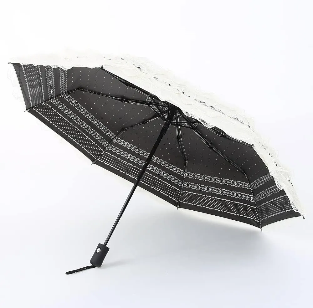 Sun rain umbrella sunshades with lace decoration compact enough to fit in tote bag prop for a Victorian mourning event Halloween freak show party with a lace hand bag Unique Auto close/open Princess Lace Folding Umbrella Anti-uv Parasol