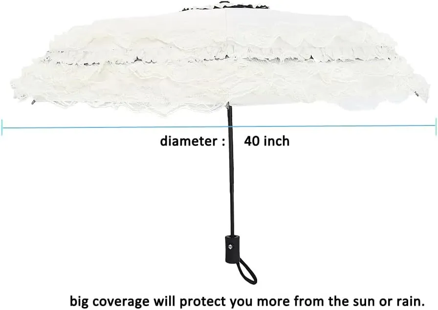 Sun rain umbrella sunshades with lace decoration compact enough to fit in tote bag prop for a Victorian mourning event Halloween freak show party with a lace hand bag Unique Auto close/open Princess Lace Folding Umbrella Anti-uv Parasol