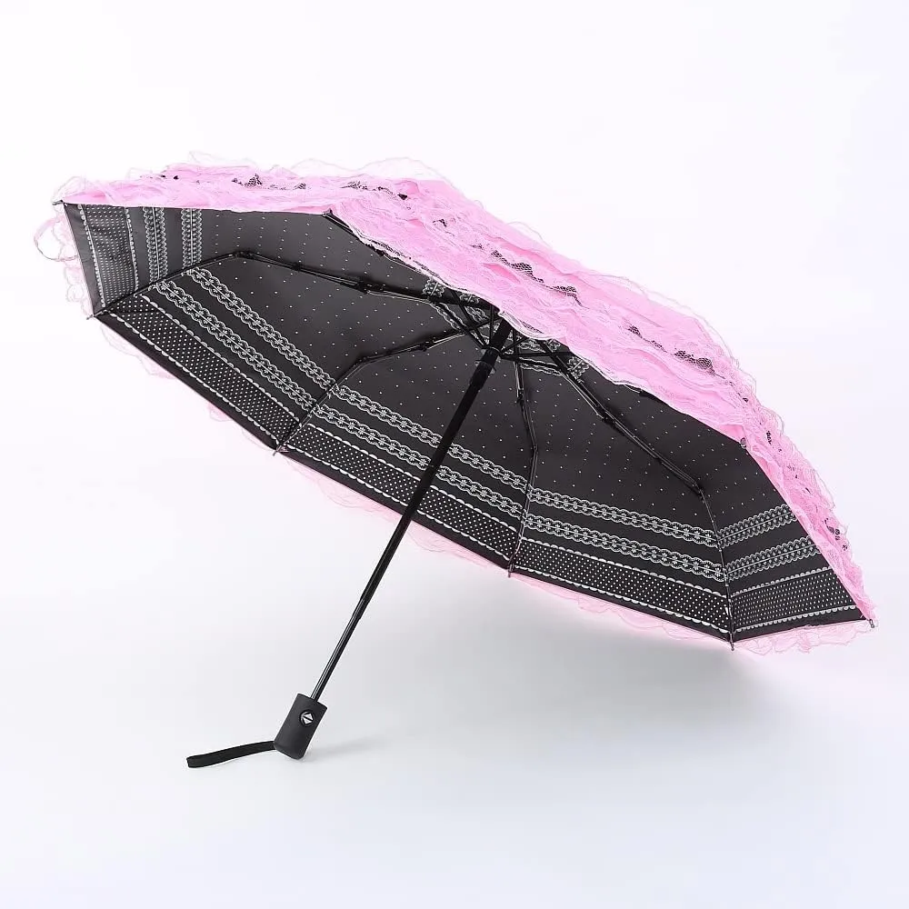 Sun rain umbrella sunshades with lace decoration compact enough to fit in tote bag prop for a Victorian mourning event Halloween freak show party with a lace hand bag Unique Auto close/open Princess Lace Folding Umbrella Anti-uv Parasol