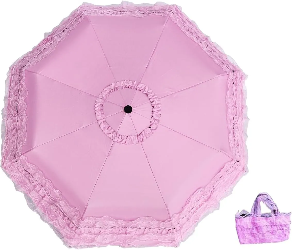 Sun rain umbrella sunshades with lace decoration compact enough to fit in tote bag prop for a Victorian mourning event Halloween freak show party with a lace hand bag Unique Auto close/open Princess Lace Folding Umbrella Anti-uv Parasol