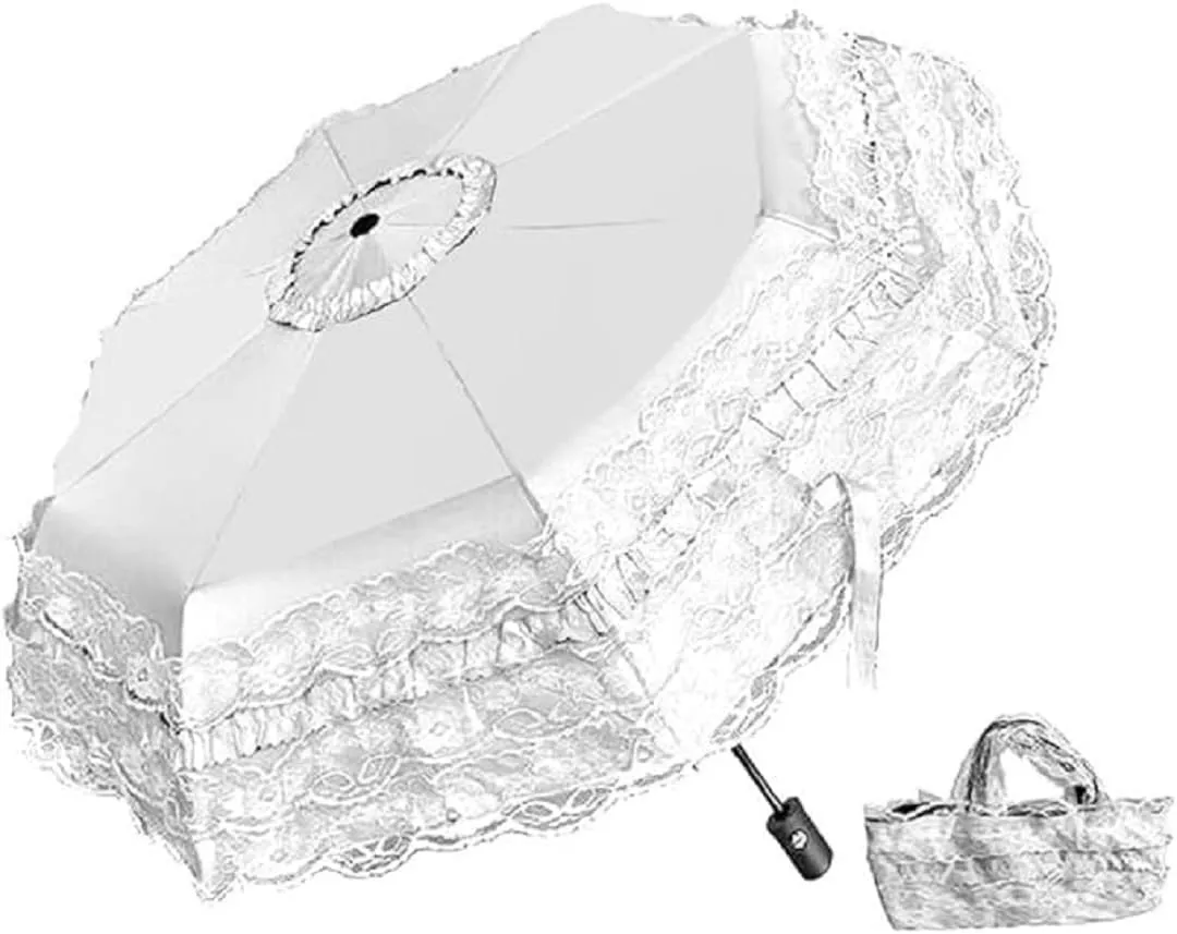 Sun rain umbrella sunshades with lace decoration compact enough to fit in tote bag prop for a Victorian mourning event Halloween freak show party with a lace hand bag Unique Auto close/open Princess Lace Folding Umbrella Anti-uv Parasol