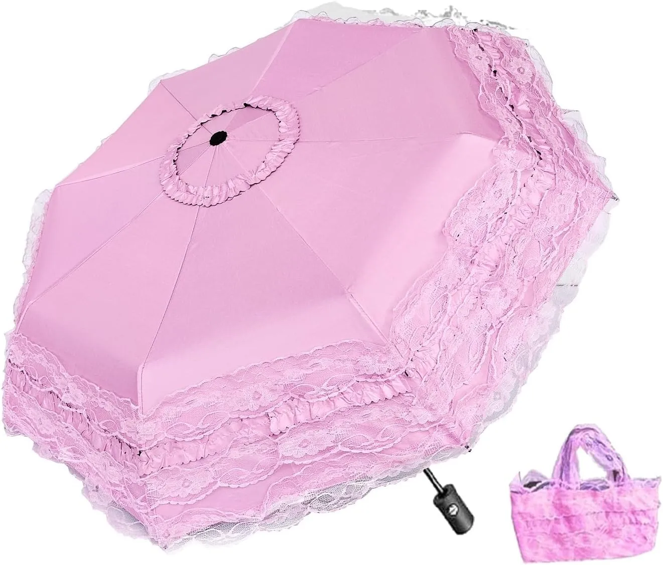 Sun rain umbrella sunshades with lace decoration compact enough to fit in tote bag prop for a Victorian mourning event Halloween freak show party with a lace hand bag Unique Auto close/open Princess Lace Folding Umbrella Anti-uv Parasol