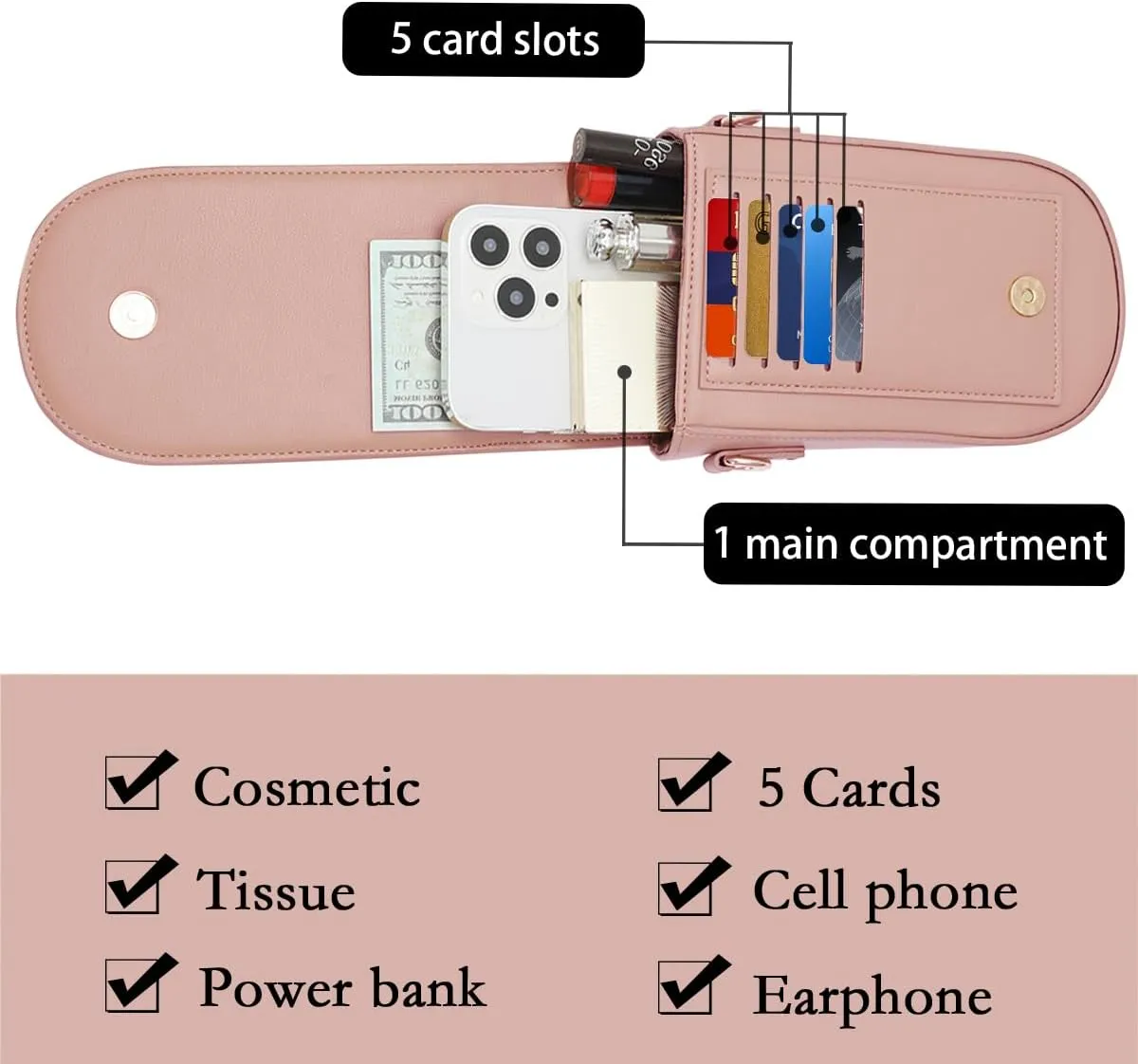 Sunwel Fashion Trendy Cell Phone Bag 5 Card Slots Mini Crossbody Bag Phone Purse Detachable Wristlet for Women Girls