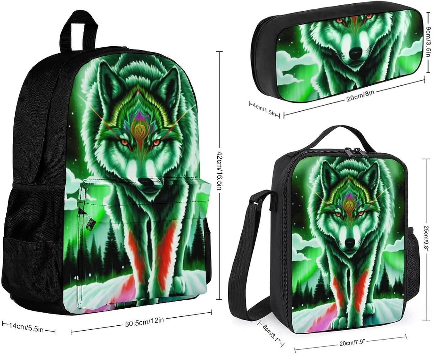 Supdreamc Adults Backpack - Mountain And Northern Light Wolves Psychedelic Art Shoulder Bag Shoulder Book Bags Travel Hiking Daypack, 3 Piece Daypack Climbing Shoulder Bag