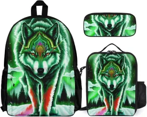 Supdreamc Adults Backpack - Mountain And Northern Light Wolves Psychedelic Art Shoulder Bag Shoulder Book Bags Travel Hiking Daypack, 3 Piece Daypack Climbing Shoulder Bag
