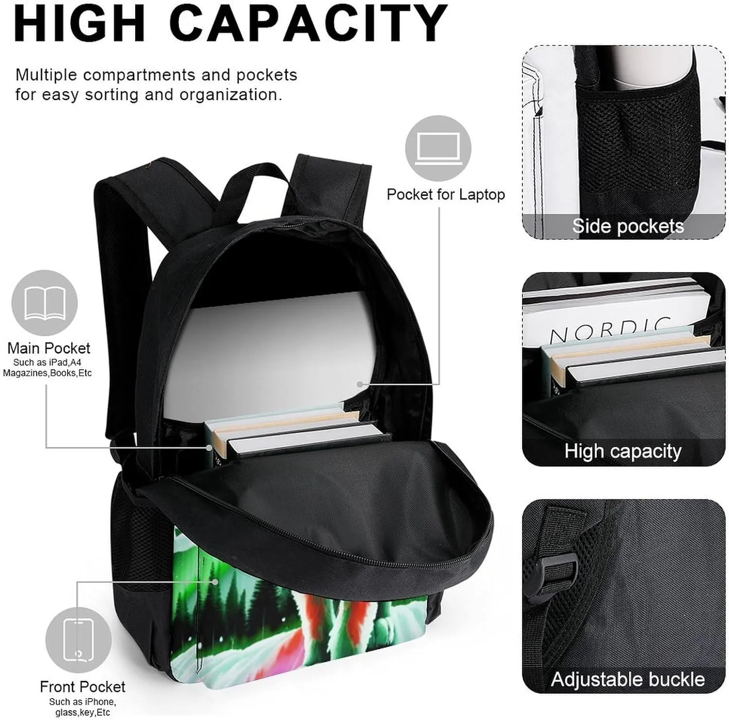 Supdreamc Adults Backpack - Mountain And Northern Light Wolves Psychedelic Art Shoulder Bag Shoulder Book Bags Travel Hiking Daypack, 3 Piece Daypack Climbing Shoulder Bag