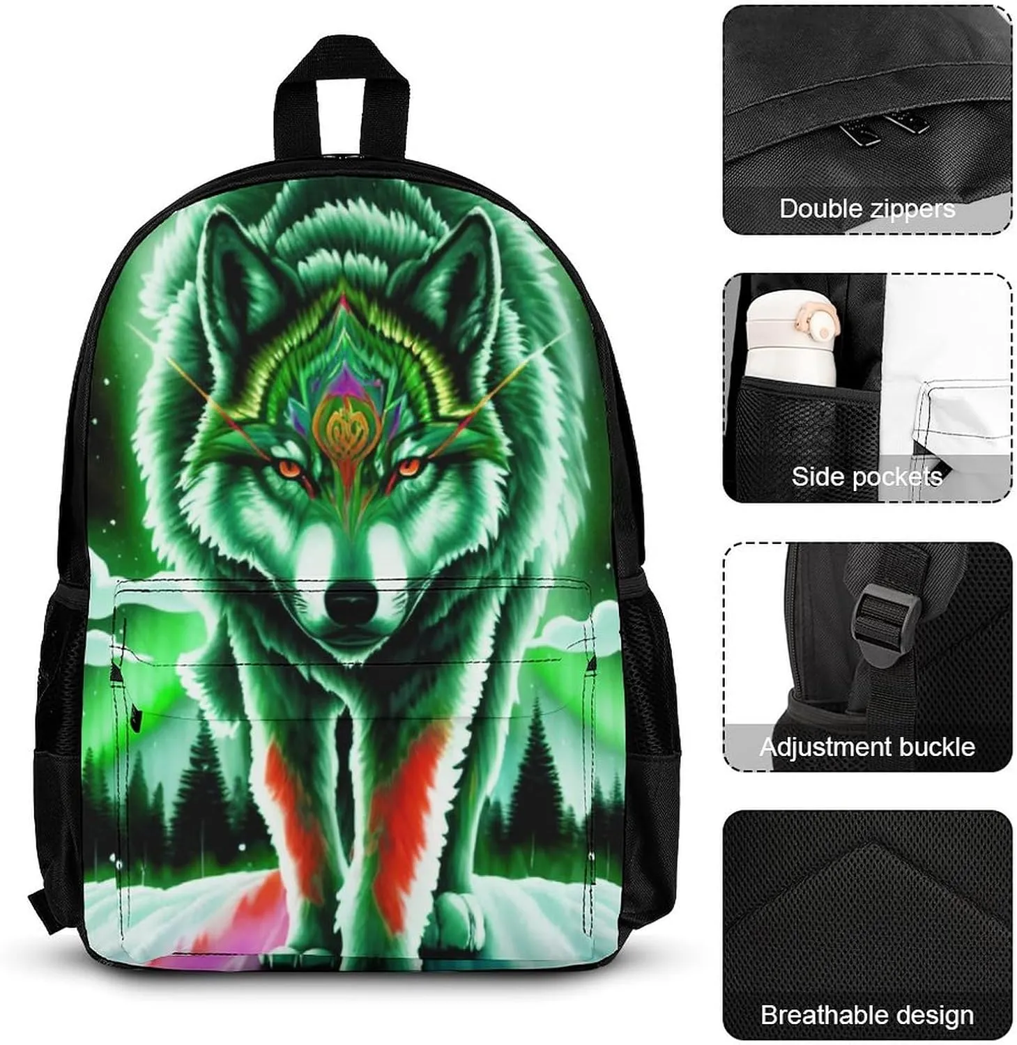Supdreamc Adults Backpack - Mountain And Northern Light Wolves Psychedelic Art Shoulder Bag Shoulder Book Bags Travel Hiking Daypack, 3 Piece Daypack Climbing Shoulder Bag