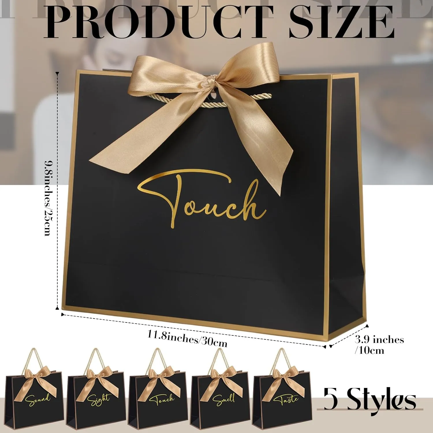 Sweetude 5 Pcs Senses Gift Bags for Him and Her 11.8 x 9.8x 3.9'' Elegant Thank You Paper Gift Bags with Handles and Bow Ribbon for Wedding Bridesmaid Groomsmen Gifts Birthday Baby Shower(Black)