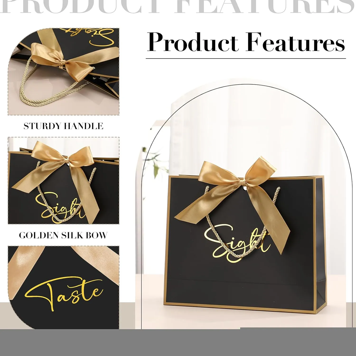 Sweetude 5 Pcs Senses Gift Bags for Him and Her 11.8 x 9.8x 3.9'' Elegant Thank You Paper Gift Bags with Handles and Bow Ribbon for Wedding Bridesmaid Groomsmen Gifts Birthday Baby Shower(Black)
