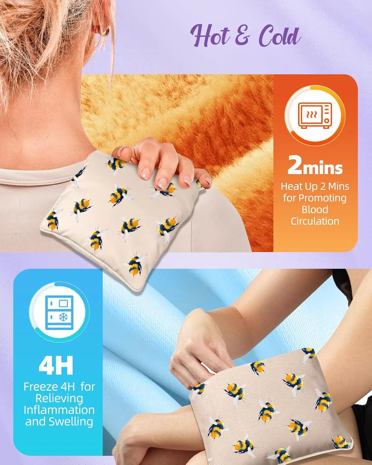 Swooflia Microwave Heating Pad for Warm Cold Compress - Lavender Flaxseeds Bags Hot Pack for Heat Therapy Chronic Pain Relief Back Cramps Shoulders Neck Women, Bee Detachable Stuffed Cover