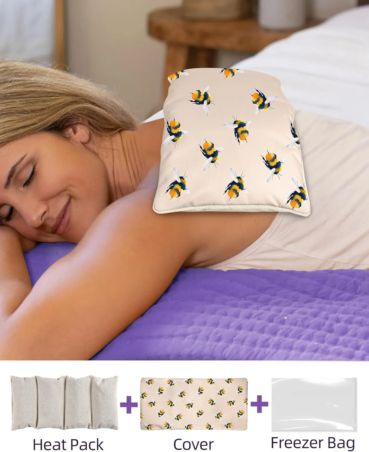 Swooflia Microwave Heating Pad for Warm Cold Compress - Lavender Flaxseeds Bags Hot Pack for Heat Therapy Chronic Pain Relief Back Cramps Shoulders Neck Women, Bee Detachable Stuffed Cover