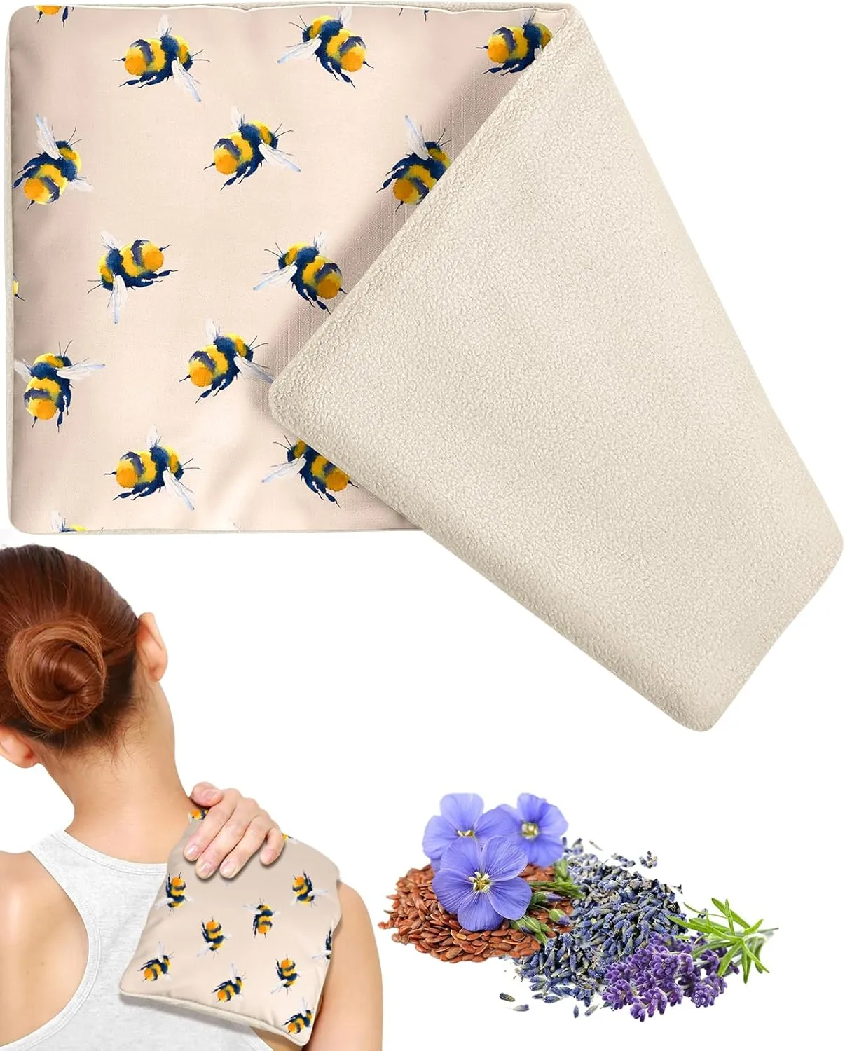 Swooflia Microwave Heating Pad for Warm Cold Compress - Lavender Flaxseeds Bags Hot Pack for Heat Therapy Chronic Pain Relief Back Cramps Shoulders Neck Women, Bee Detachable Stuffed Cover