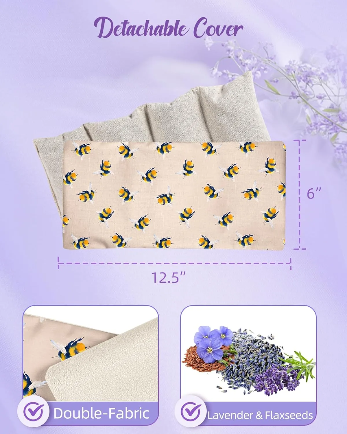 Swooflia Microwave Heating Pad for Warm Cold Compress - Lavender Flaxseeds Bags Hot Pack for Heat Therapy Chronic Pain Relief Back Cramps Shoulders Neck Women, Bee Detachable Stuffed Cover