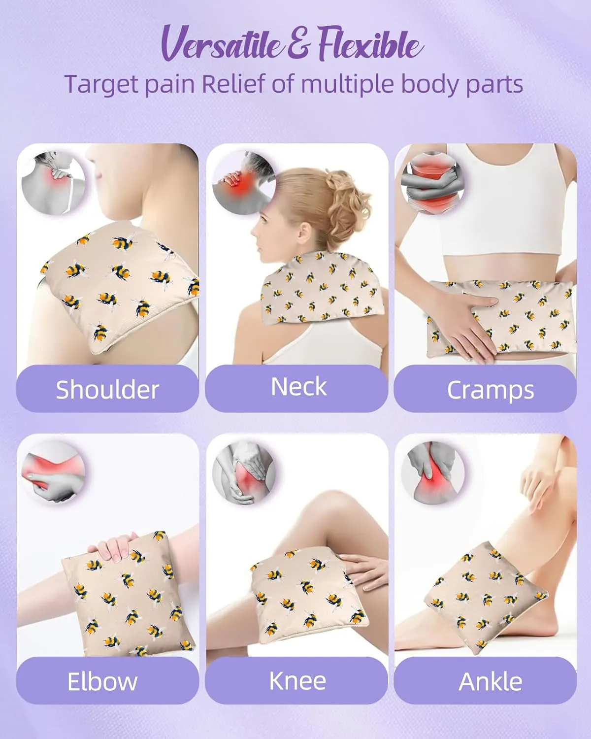 Swooflia Microwave Heating Pad for Warm Cold Compress - Lavender Flaxseeds Bags Hot Pack for Heat Therapy Chronic Pain Relief Back Cramps Shoulders Neck Women, Bee Detachable Stuffed Cover
