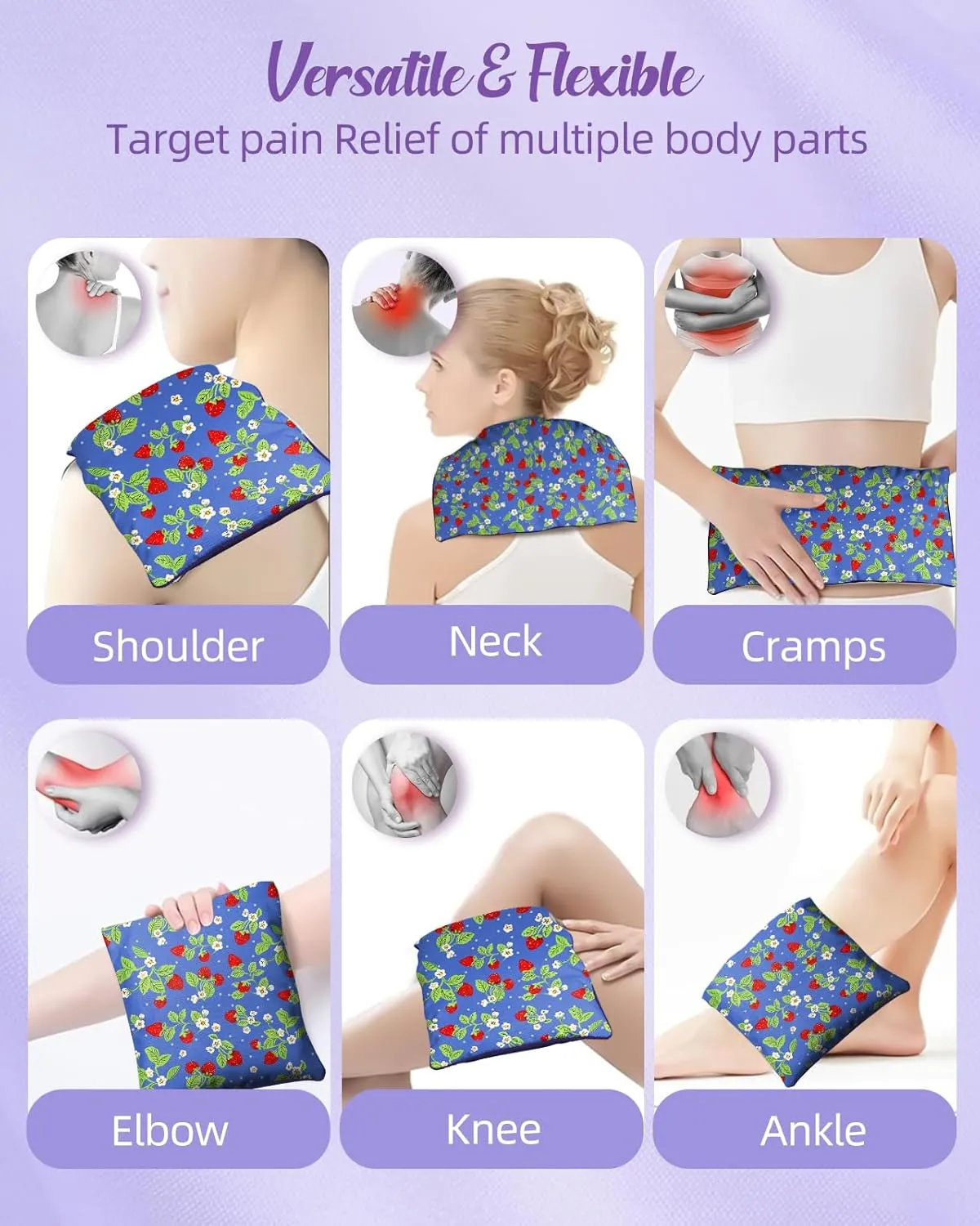 Swooflia Microwave Heating Pad for Warm Cold Compress - Lavender Flaxseeds Bags Hot Pack for Heat Therapy Chronic Pain Relief Back Cramps Shoulders Neck Women, Strawberry Detachable Stuffed Cover