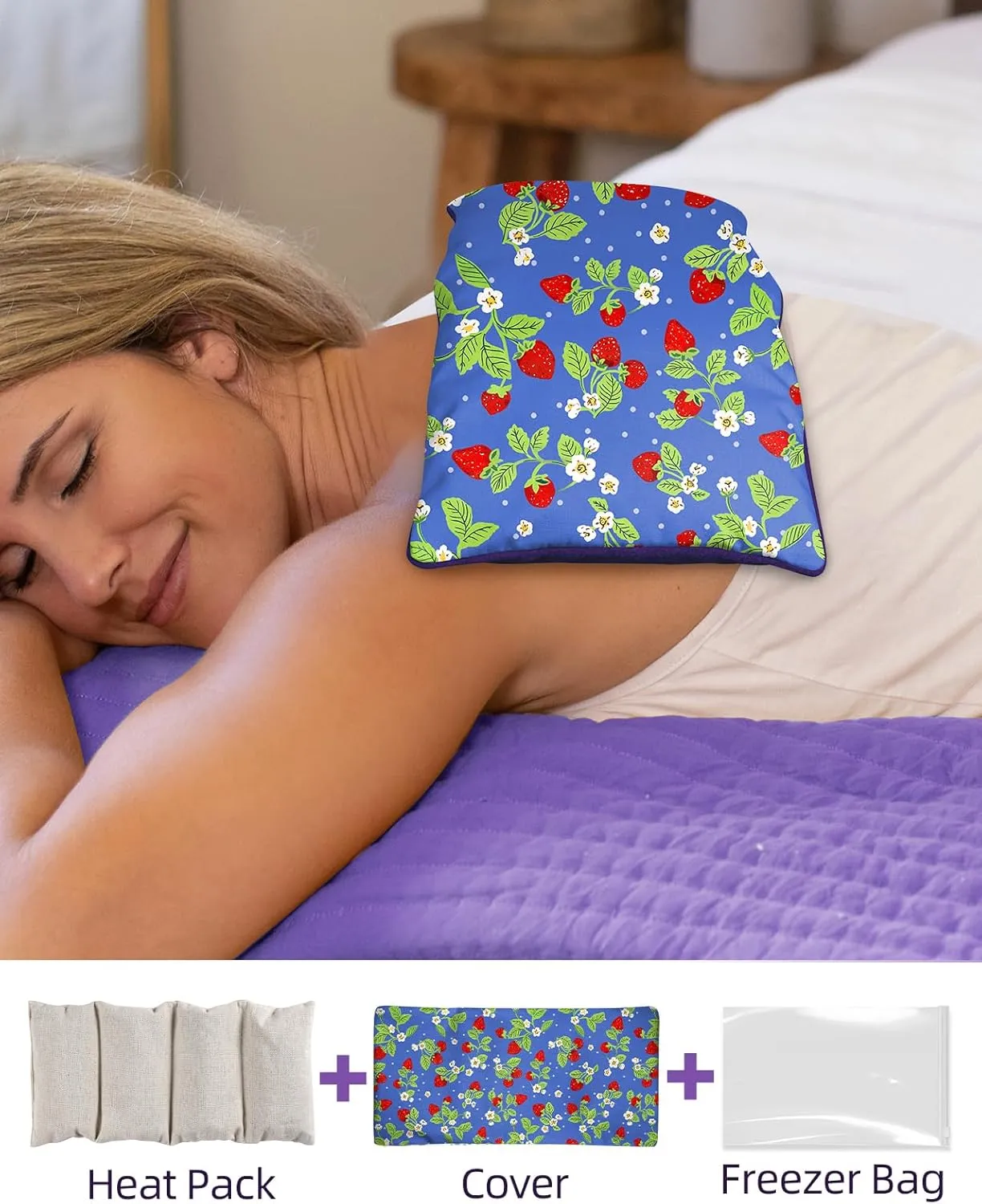 Swooflia Microwave Heating Pad for Warm Cold Compress - Lavender Flaxseeds Bags Hot Pack for Heat Therapy Chronic Pain Relief Back Cramps Shoulders Neck Women, Strawberry Detachable Stuffed Cover