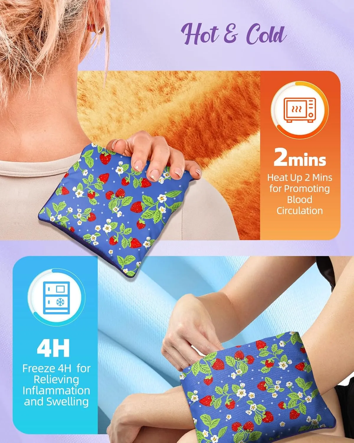 Swooflia Microwave Heating Pad for Warm Cold Compress - Lavender Flaxseeds Bags Hot Pack for Heat Therapy Chronic Pain Relief Back Cramps Shoulders Neck Women, Strawberry Detachable Stuffed Cover