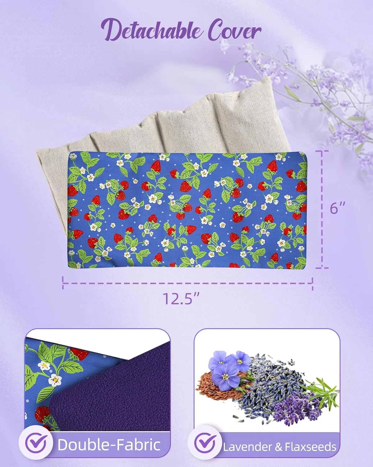 Swooflia Microwave Heating Pad for Warm Cold Compress - Lavender Flaxseeds Bags Hot Pack for Heat Therapy Chronic Pain Relief Back Cramps Shoulders Neck Women, Strawberry Detachable Stuffed Cover
