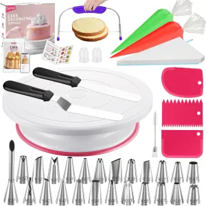 Syntus 65 PCs Cake Decorating Kit with Cake Stand Turntable, Cake Baking Supplies 30 1 Piping Bags, 24 Piping Tips, Offset & Straight Spatulas, 3 Scrapers, Leveler, 2 Couplers & 1 Tips Brush