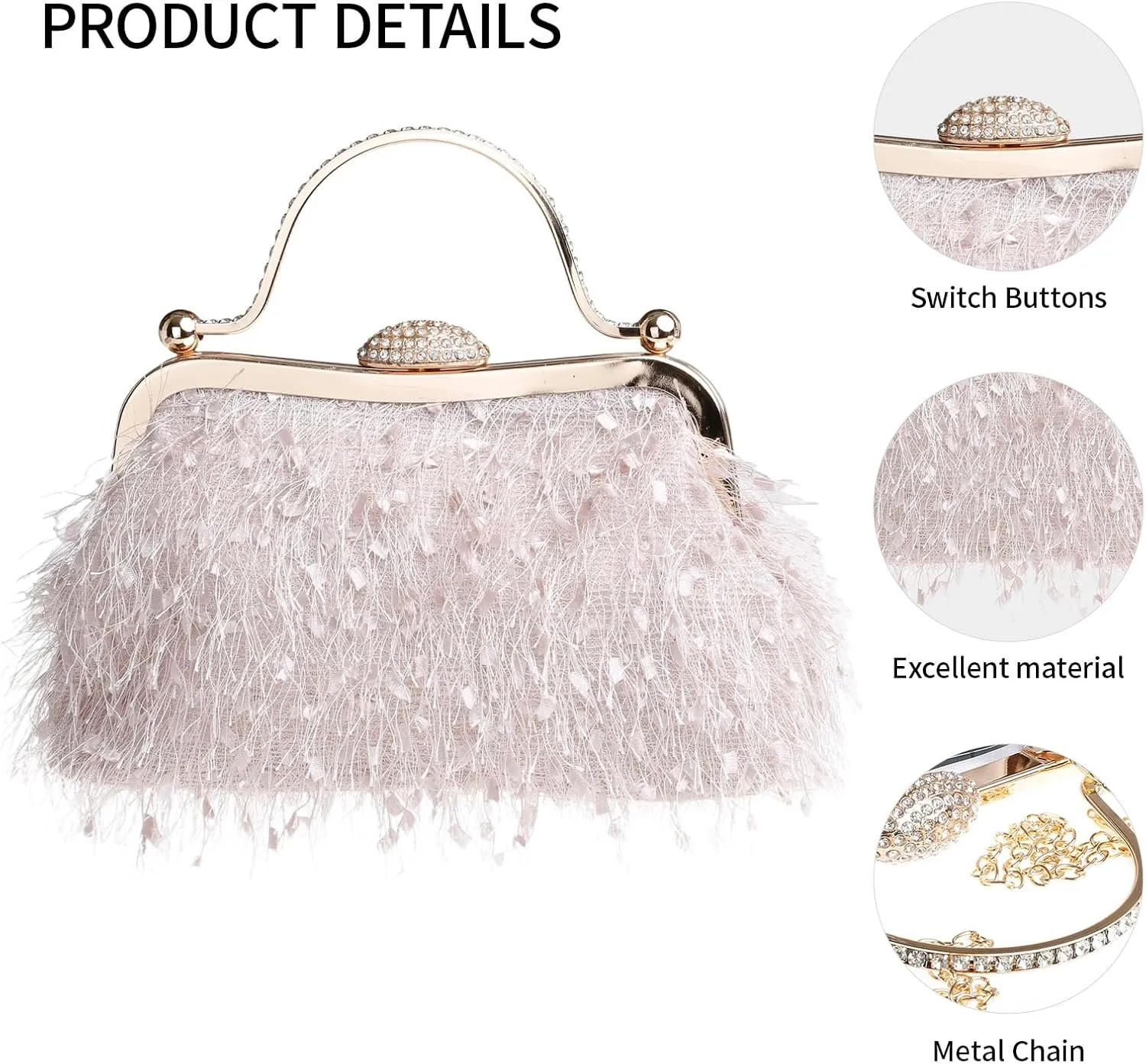 Tassel Women's Evening Handbag Cocktail Prom Formal Clutch Purse Feather Elegant Shoulder Bag for Wedding Banquet