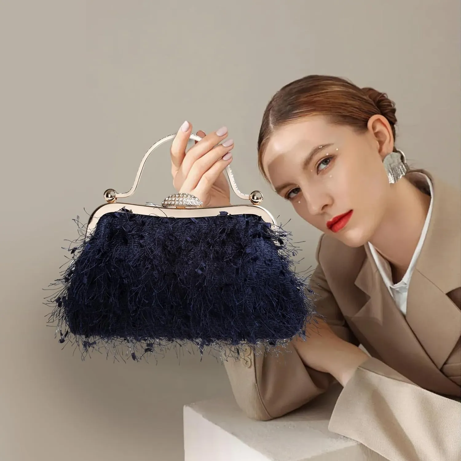 Tassel Women's Evening Handbag Cocktail Prom Formal Clutch Purse Feather Elegant Shoulder Bag for Wedding Banquet