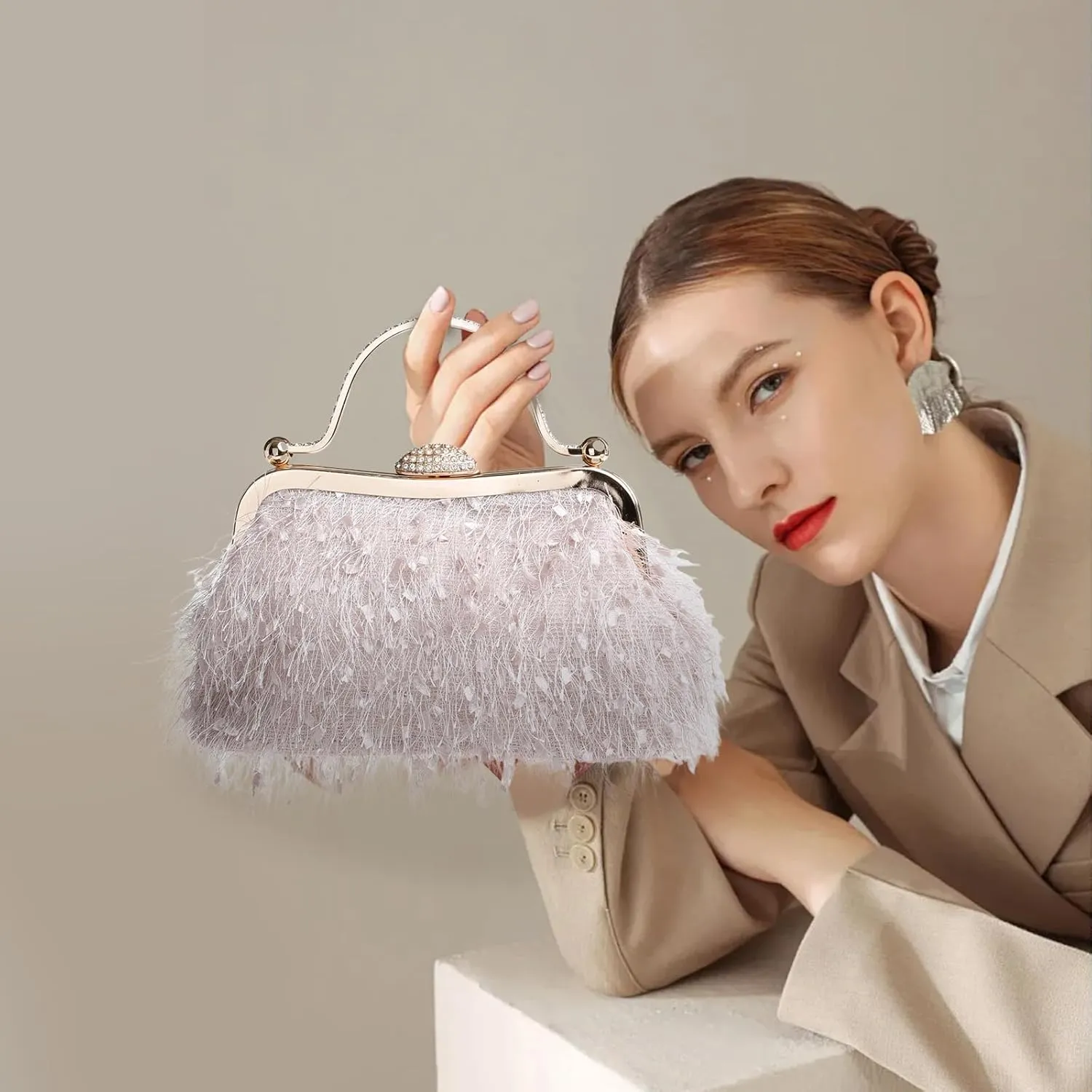 Tassel Women's Evening Handbag Cocktail Prom Formal Clutch Purse Feather Elegant Shoulder Bag for Wedding Banquet