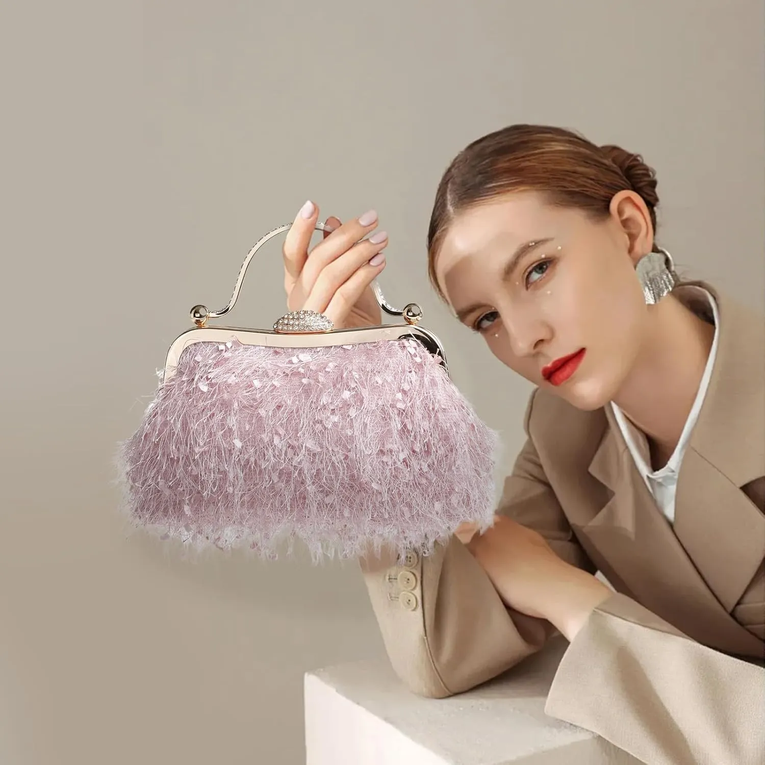 Tassel Women's Evening Handbag Cocktail Prom Formal Clutch Purse Feather Elegant Shoulder Bag for Wedding Banquet