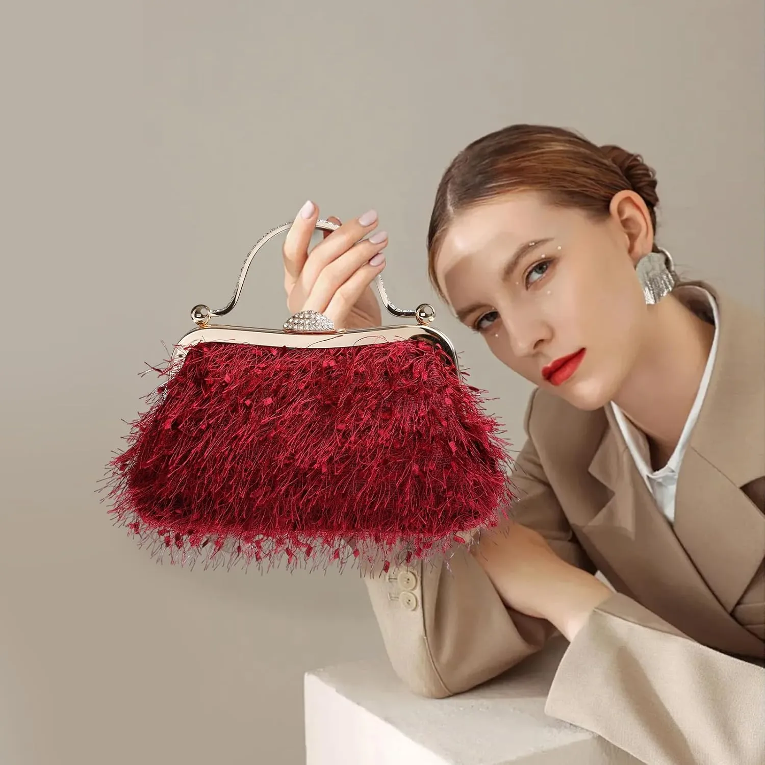 Tassel Women's Evening Handbag Cocktail Prom Formal Clutch Purse Feather Elegant Shoulder Bag for Wedding Banquet