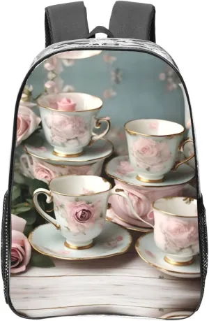 Tea Cups with Roses Romantic print Clear Backpacks for Office Transparent See Through Backpack Clear Bookbag for Adults