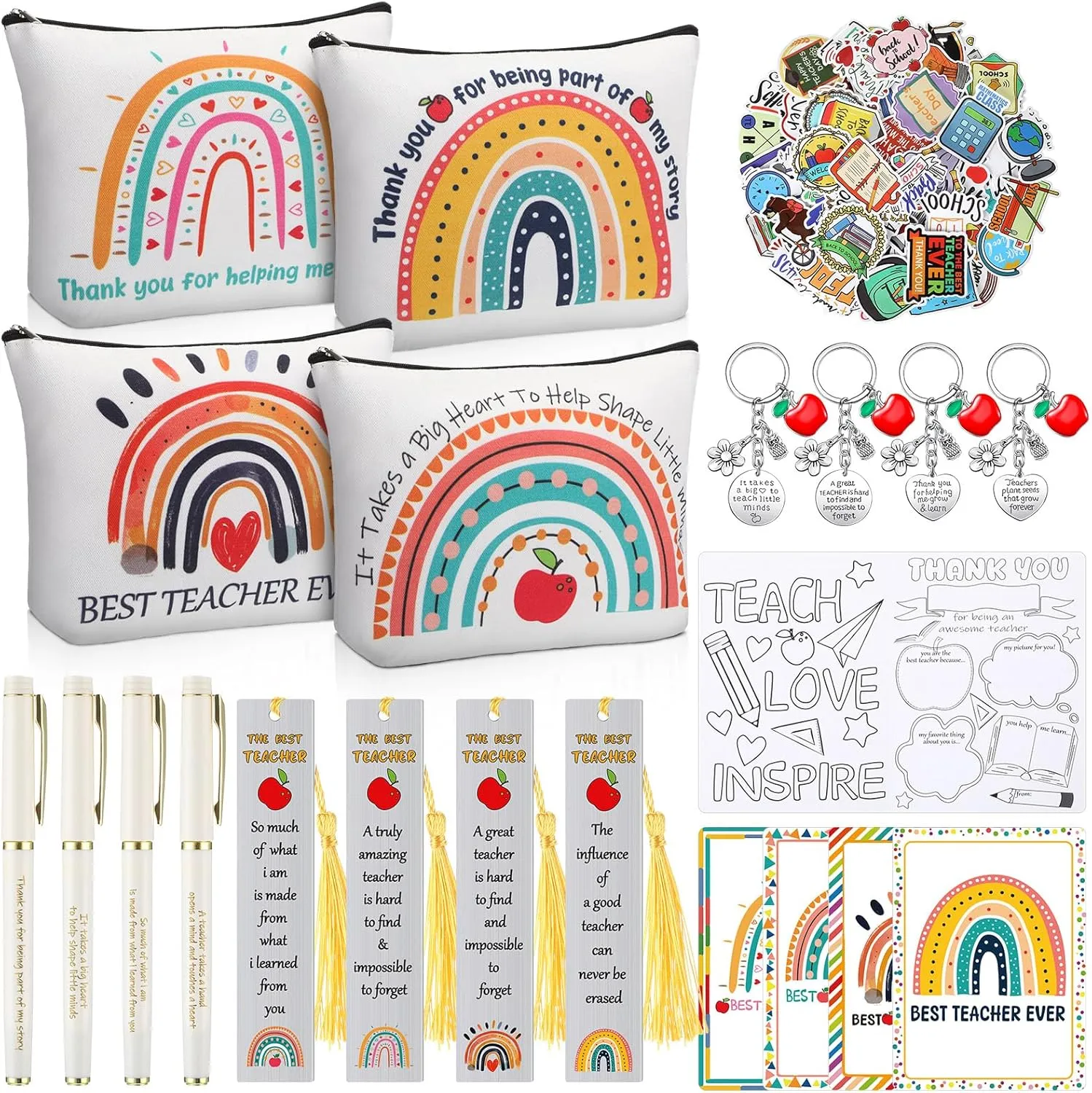 Teacher Appreciation Gifts in Bulk, 21 Pcs Teacher Gifts, Thank You Gifts for Teachers from Students Includes Canvas Makeup Bags Teachers Keychains Bookmarks Ballpoint Pens Appreciation Cards Stickers