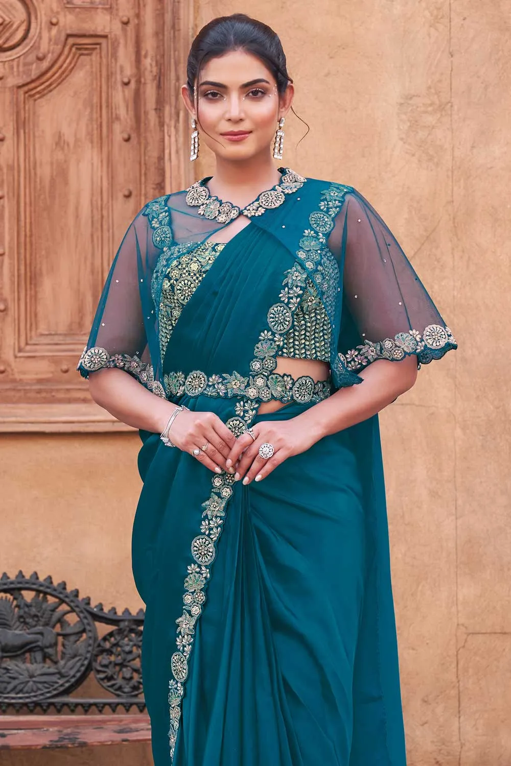 Teal Color Crepe Satin Silk Hand Work Ready to wear saree