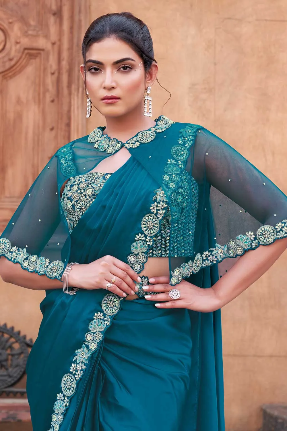 Teal Color Crepe Satin Silk Hand Work Ready to wear saree