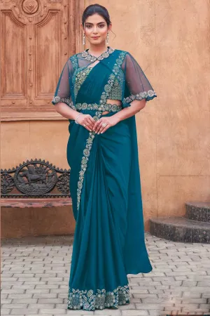 Teal Color Crepe Satin Silk Hand Work Ready to wear saree
