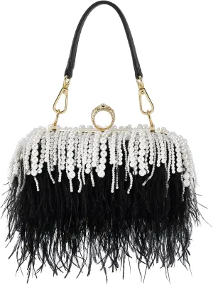 Tessco Women Ostrich Feather Tote Bag Fluffy Purse Clutch Feather Evening Handbag for Wedding