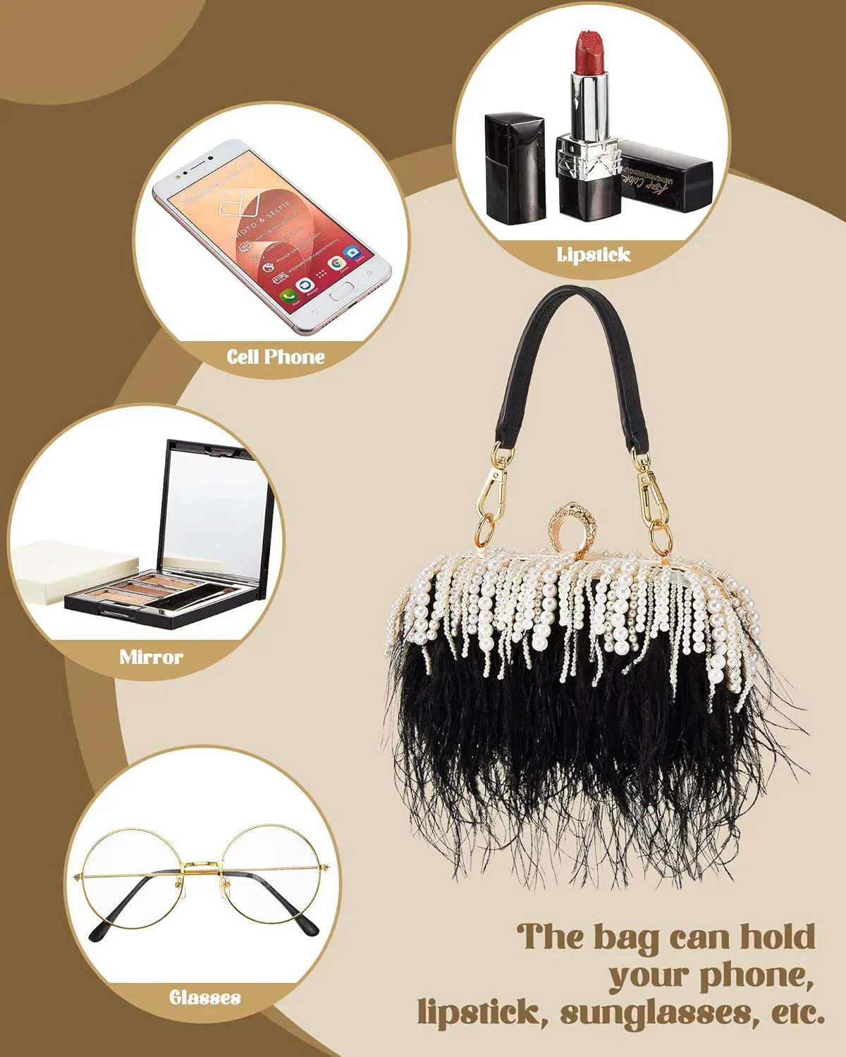 Tessco Women Ostrich Feather Tote Bag Fluffy Purse Clutch Feather Evening Handbag for Wedding