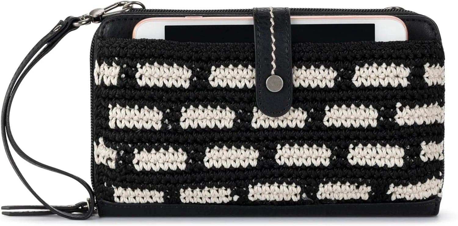 The Sak Iris Large Smartphone Crossbody Bag in Crochet and Faux Leather, Convertible Wristlet Purse Design, Black Tile