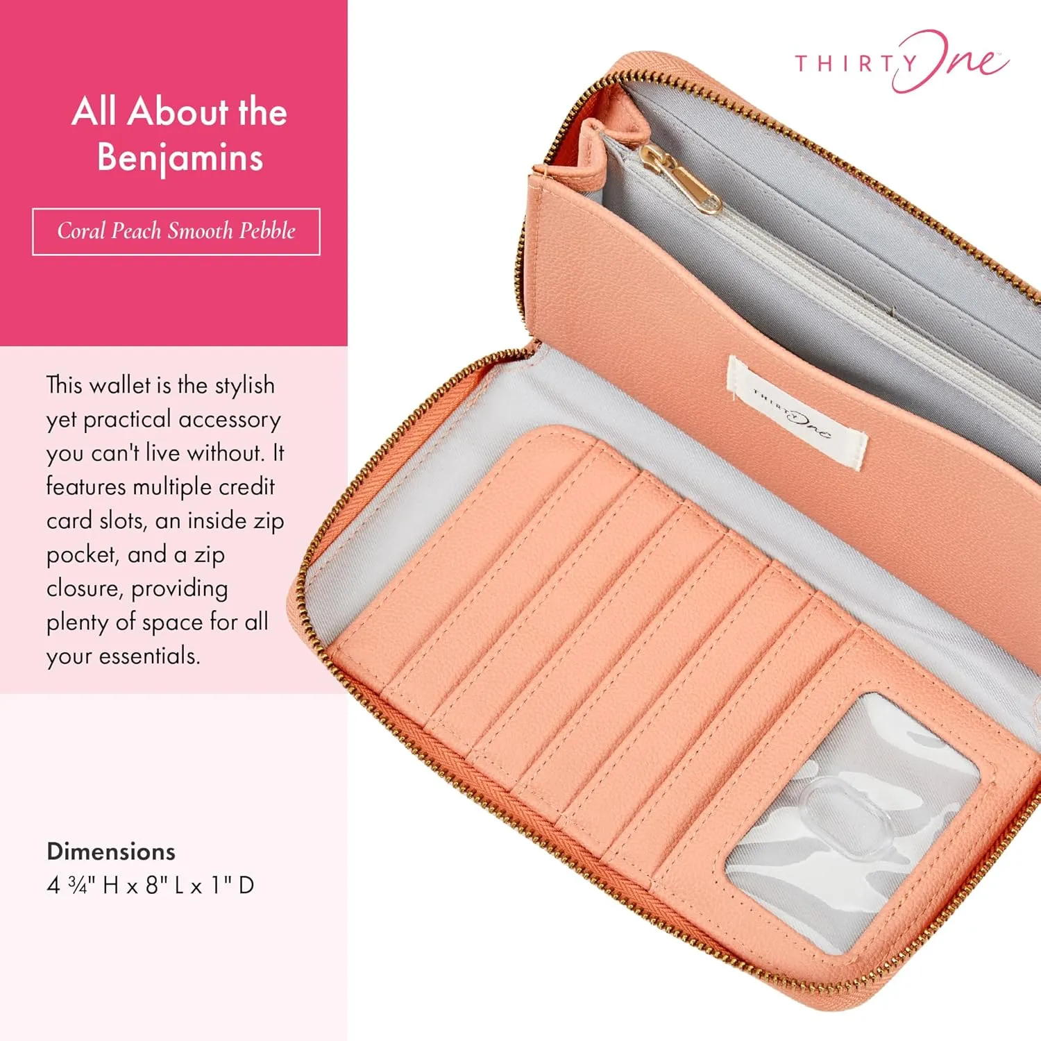 THIRTY-ONE Gifts All About the Benjamins Wallet, Large Multiple-Card Wallet for Women, Zipper Wallet with Card and Bill Slots, Coral Peach Smooth Pebble