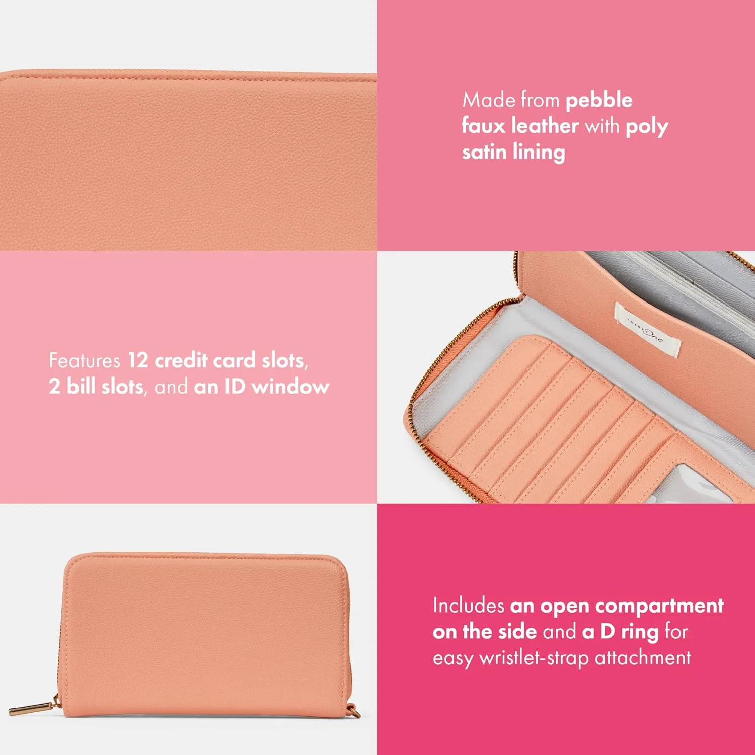 THIRTY-ONE Gifts All About the Benjamins Wallet, Large Multiple-Card Wallet for Women, Zipper Wallet with Card and Bill Slots, Coral Peach Smooth Pebble