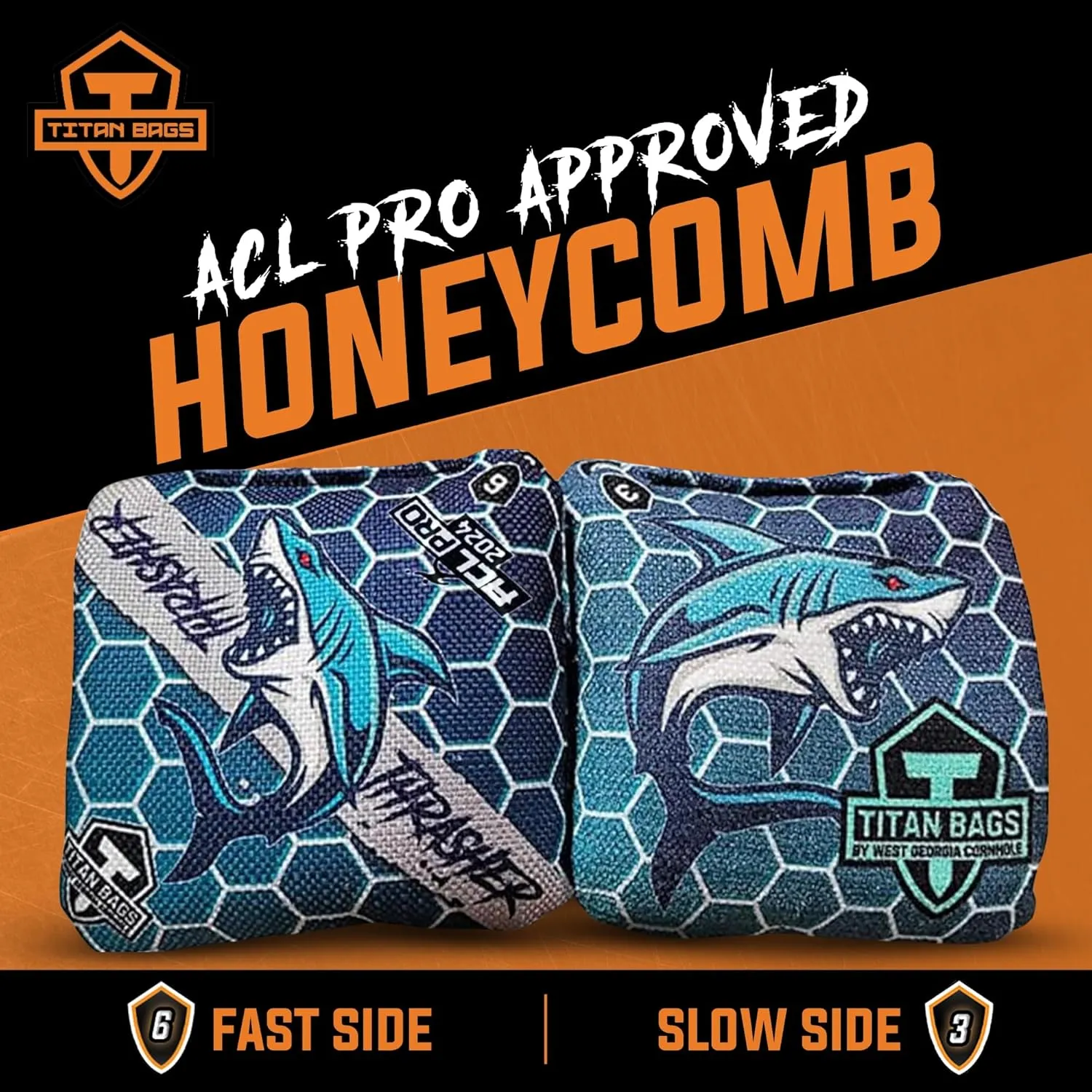 Titan Bags Thrasher Cornhole Bags - 6"x6" ACL PRO Approved Tournament-Grade, Durable Dual-Sided for Precision Shots, All-Weather Power Grip Pellets for Indoor & Outdoor Tossing - Set of 4