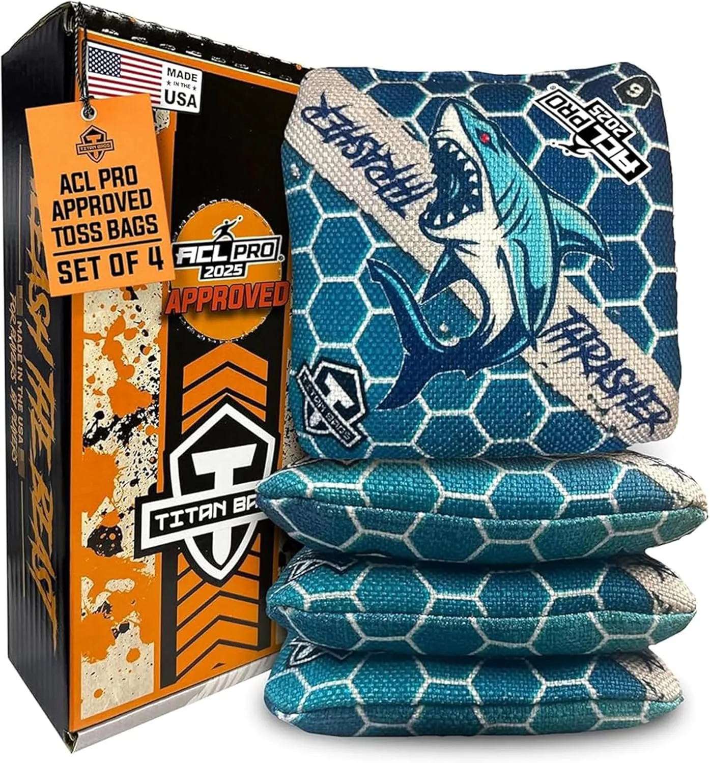 Titan Bags Thrasher Cornhole Bags - 6"x6" ACL PRO Approved Tournament-Grade, Durable Dual-Sided for Precision Shots, All-Weather Power Grip Pellets for Indoor & Outdoor Tossing - Set of 4
