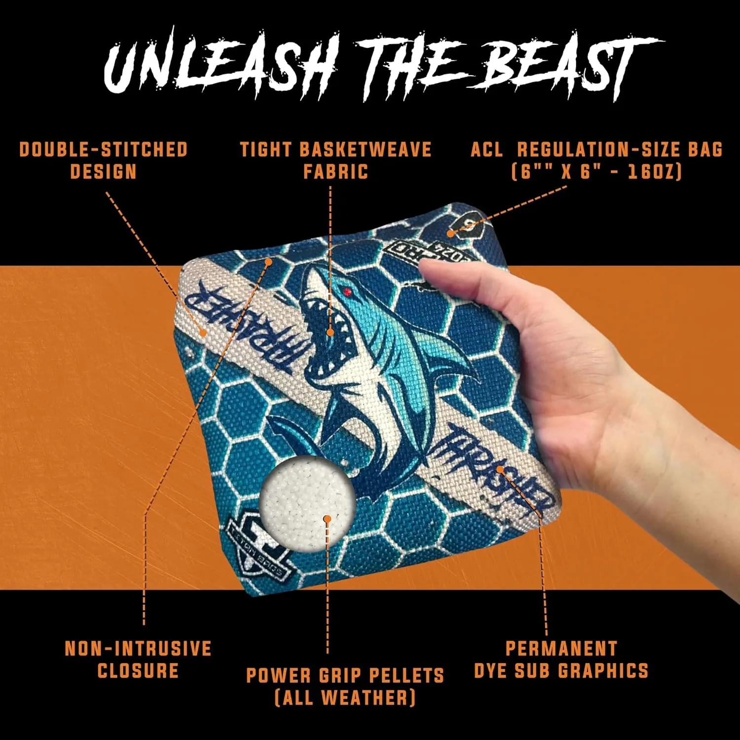 Titan Bags Thrasher Cornhole Bags - 6"x6" ACL PRO Approved Tournament-Grade, Durable Dual-Sided for Precision Shots, All-Weather Power Grip Pellets for Indoor & Outdoor Tossing - Set of 4