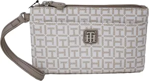 Tommy Hilfiger Women White Tan Coated Canvas Logo Print Wristlet Wallet Clutch Bag